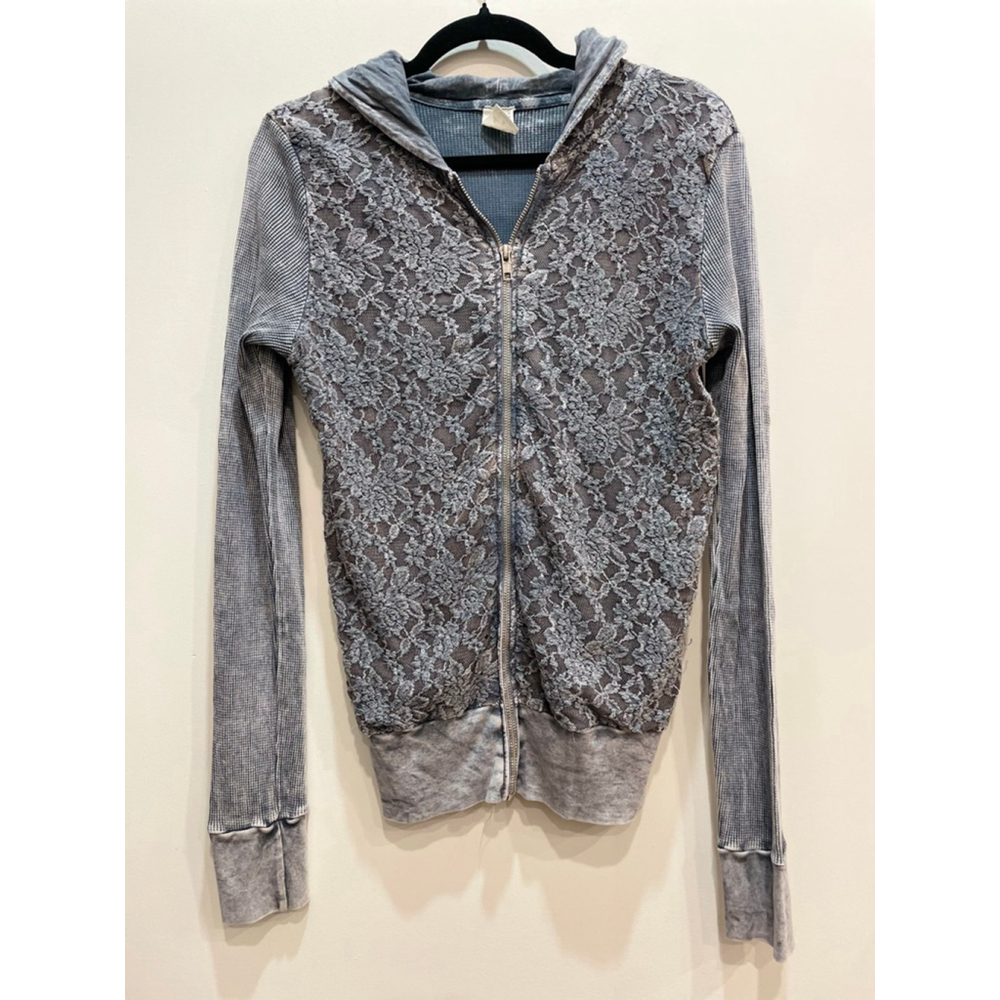 American Age USA Y2K Long Length Full Zip Hoodie M Lace Waffle Fairy Grunge